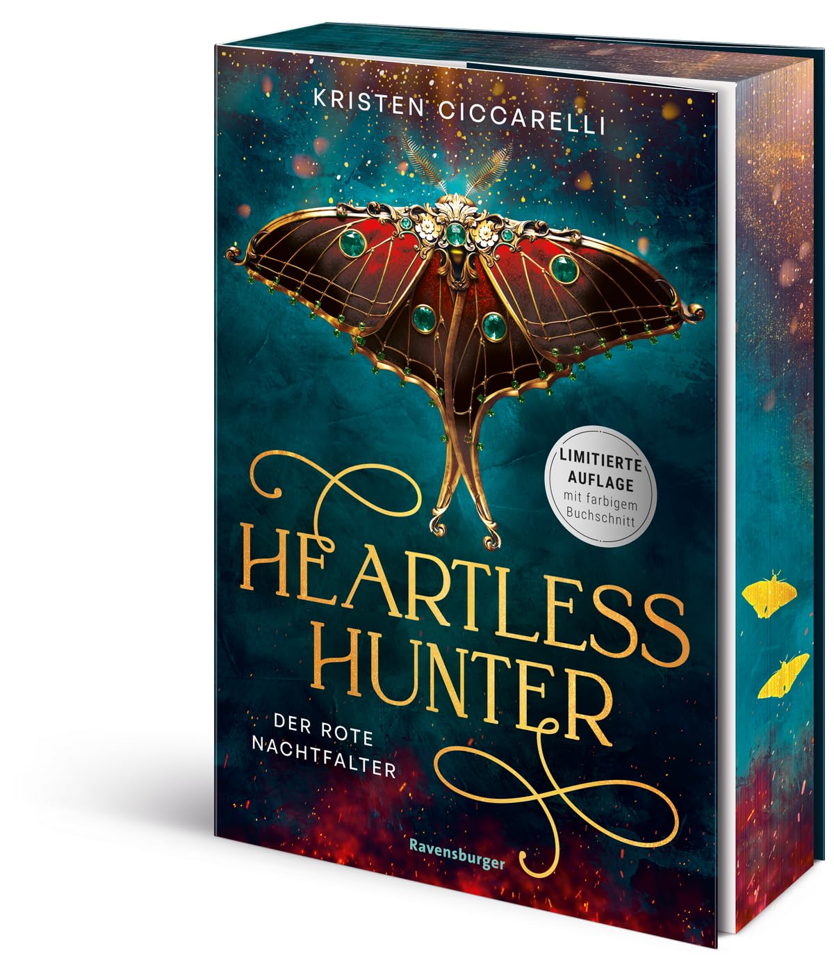 Buchcover „Heartless Hunter – Der rote Nachtfalter 1“ von Kristen Ciccarelli – dunkler Hintergrund, stilisierte Motive von Magie und Rebellion